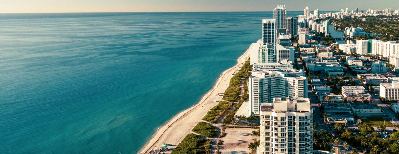 Aerial view of Miami Beach shoreline and skyline